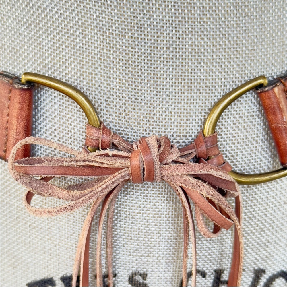American Eagle Boho Brown Leather Belt Blue Embroidery Tie Front Tassels M/L - Picture 2 of 16
